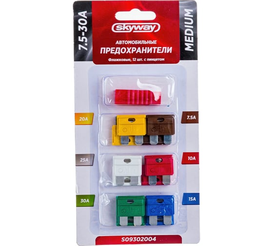 Изображение товара Флажковый предохранитель SKYWAY MEDIUM набор 12шт 7,5-30А с пинцетом блистер S09302004