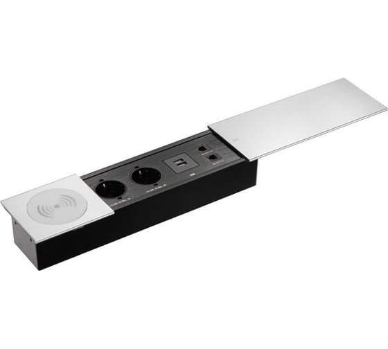 Изображение товара Выдвижная встраиваемая розетка Mebax JX (Slide Top) 2 секции Серебро 350х100х63мм RJ-45 + 2 USB беспр.зарядка (с каб.пит.) 00-00002892