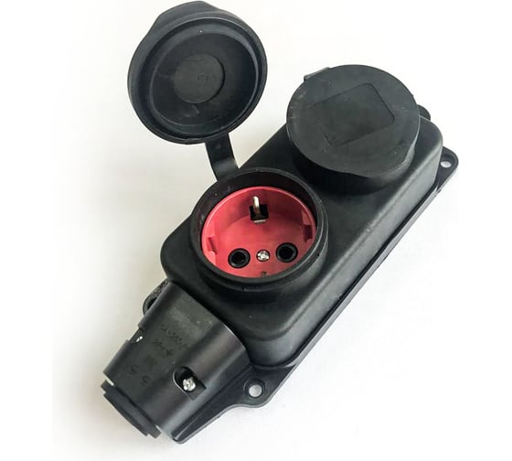 Изображение товара Колодка штепсельная КОСМОС 16А каучук IP44 2 гнезда черный, KKsm-2g-Z-IP(B)16A