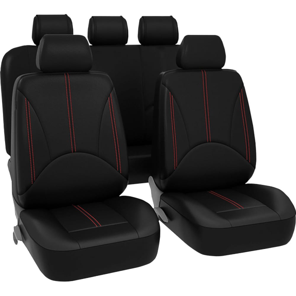 фото Чехлы для автомобильных сидений kraft elite универсальные, экокожа, черные/красная строчка kt 835631