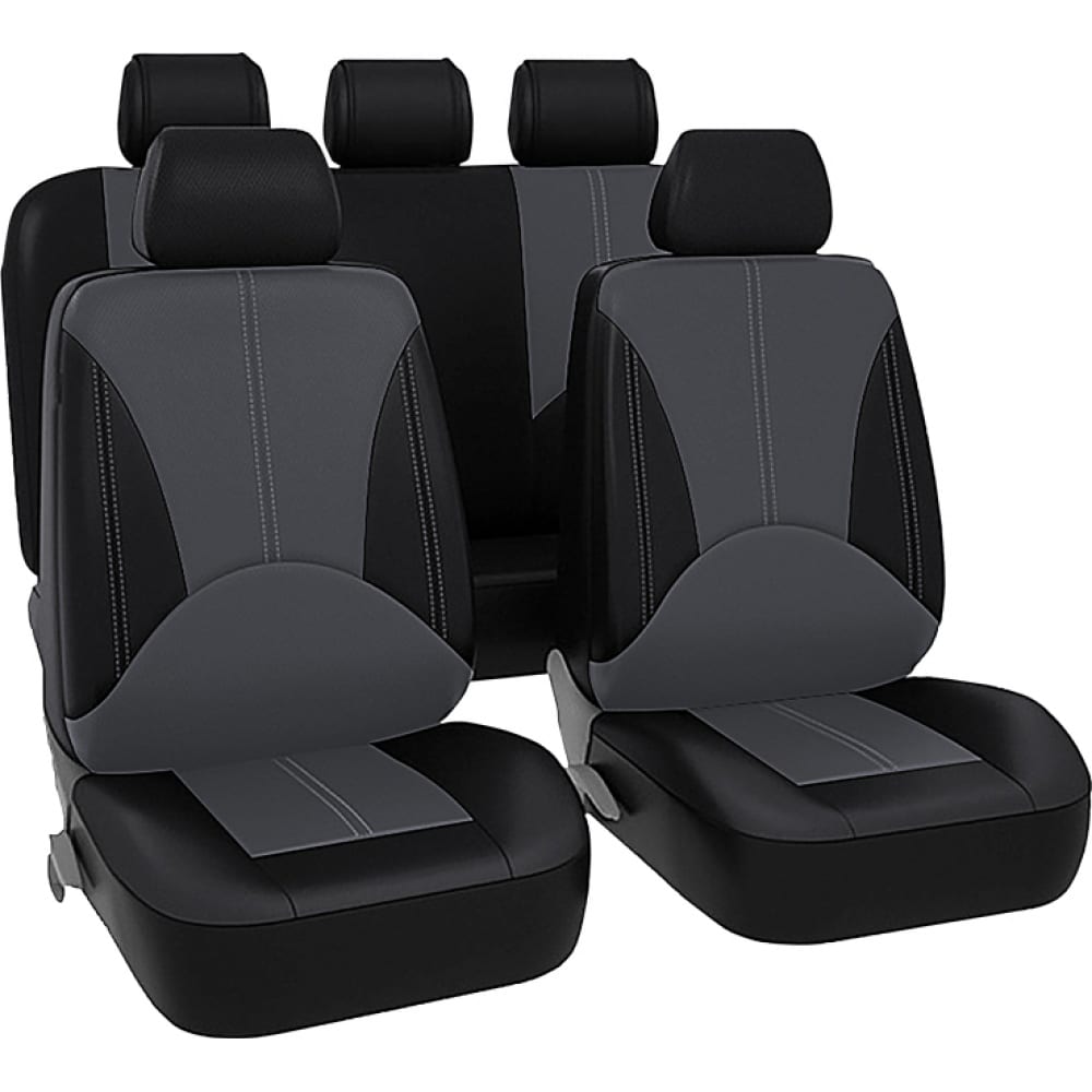 фото Чехлы для автомобильных сидений kraft elite универсальные, экокожа, черно-серые kt 835634