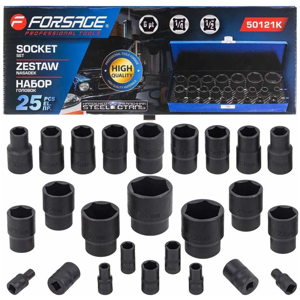 Изображение товара Набор головок ударных 6-гранных 1/4 и 1/2 дюйма Forsage F-50121K 25 предметов