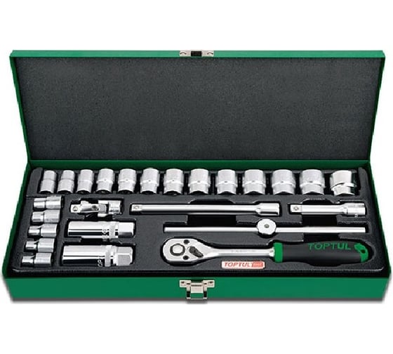 Изображение товара Набор головок и аксессуаров TOPTUL 3/8DR, 12-гранных, 6-24 мм, 25 предметов в металлическом кейсе GCAD2504