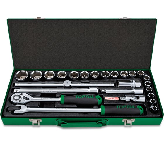 Изображение товара Набор головок и аксессуаров TOPTUL 1/2DR, 6-гранных, 10-32мм, 25 предметов в металлическом кейсе GCAD2511