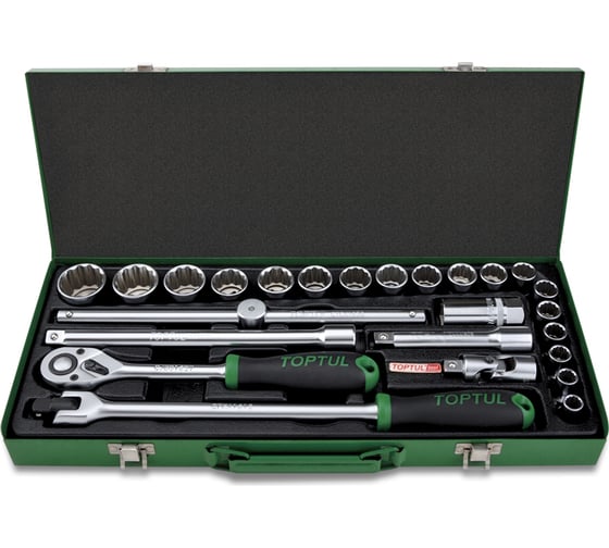 Изображение товара Набор головок и аксессуаров TOPTUL 1/2DR, 12-гранных, 10-32 мм, 25 предметов в металлическом кейсе GCAD2512