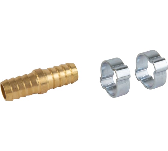 Изображение товара Штуцер соединительный латунный елочка-елочка 12x12 мм, 2 обжимных оцинкованных стальных хомута Optimus OPT-71212HH