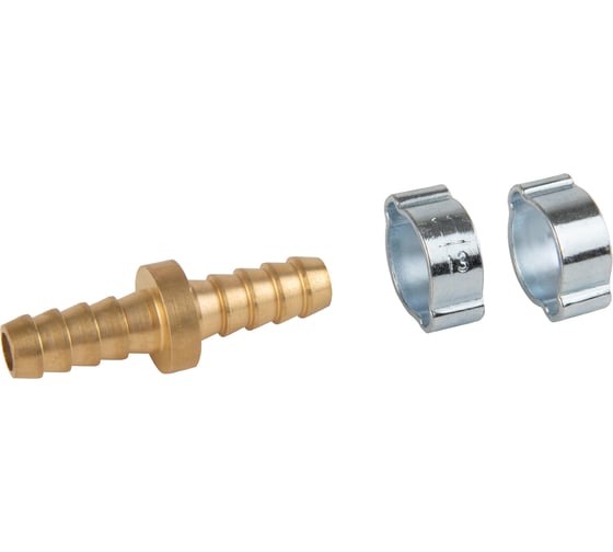 Изображение товара Штуцер соединительный латунный елочка-елочка 8x8 мм, 2 обжимных оцинкованных стальных хомута Optimus OPT-70808HH