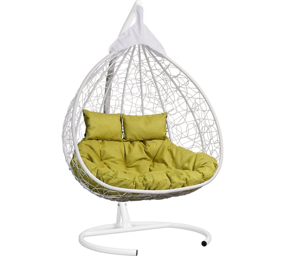 Изображение товара Подвесное двухместное кресло-кокон Лаура FISHT белое + белый каркас, подушка салатовая рогожка №7 FIS 203