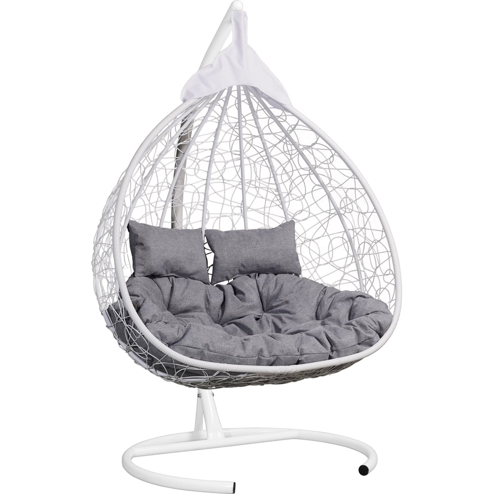 Подвесное двухместное кресло-кокон Лаура FISHT белое + белый каркас, подушка светло-серая рогожка №13 FIS 207 №13
