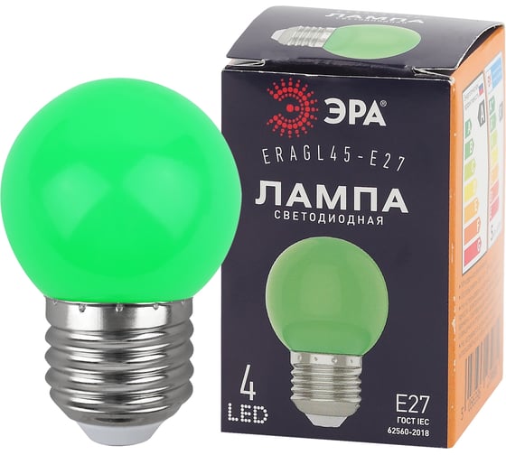 Изображение товара Светодиодная лампа ЭРА ERAGL45E27 LED Р451WE27, шар, 4SMD, 1W, E27, для белтлайт, 10/100/6000, зеленый Б0049574