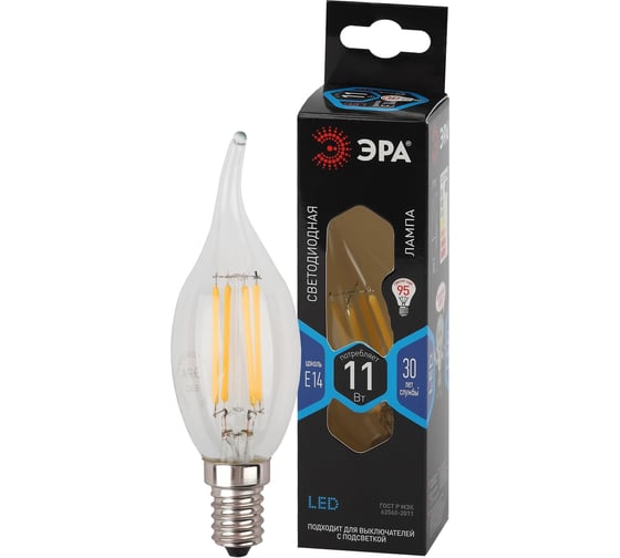 Изображение товара Филаментная лампа ЭРА FLED BXS11W840E14, свеча на ветру, 11Вт, E14, 10/100/4000, нейтральный Б0047002