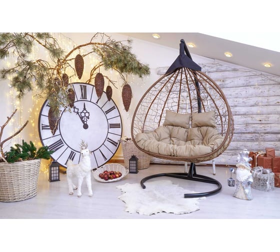 Изображение товара Подвесное двухместное кресло-кокон Лаура FISHT горячий шоколад + коричневый каркас, подушка бежевая FIS 402