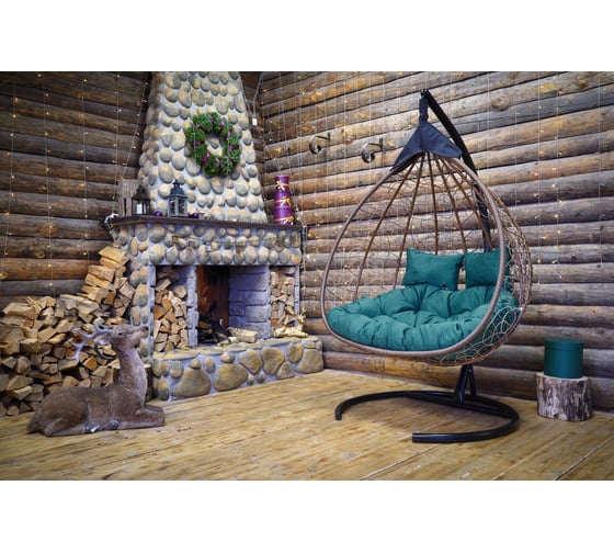 Изображение товара Подвесное двухместное кресло-кокон Лаура FISHT горячий шоколад + коричневый каркас, подушка зеленая FIS 408