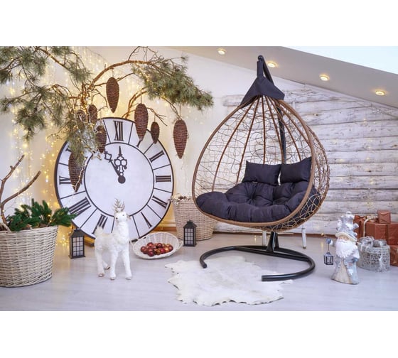 Изображение товара Подвесное двухместное кресло-кокон Лаура FISHT горячий шоколад + коричневый каркас, подушка чёрная FIS 405