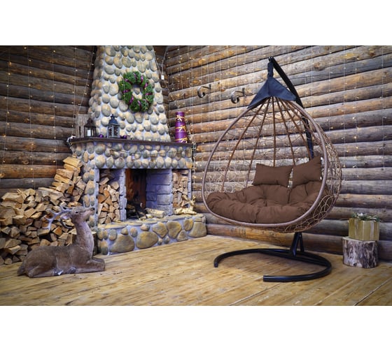 Изображение товара Подвесное двухместное кресло-кокон Лаура FISHT горячий шоколад + коричневый каркас, подушка шоколадная FIS 401