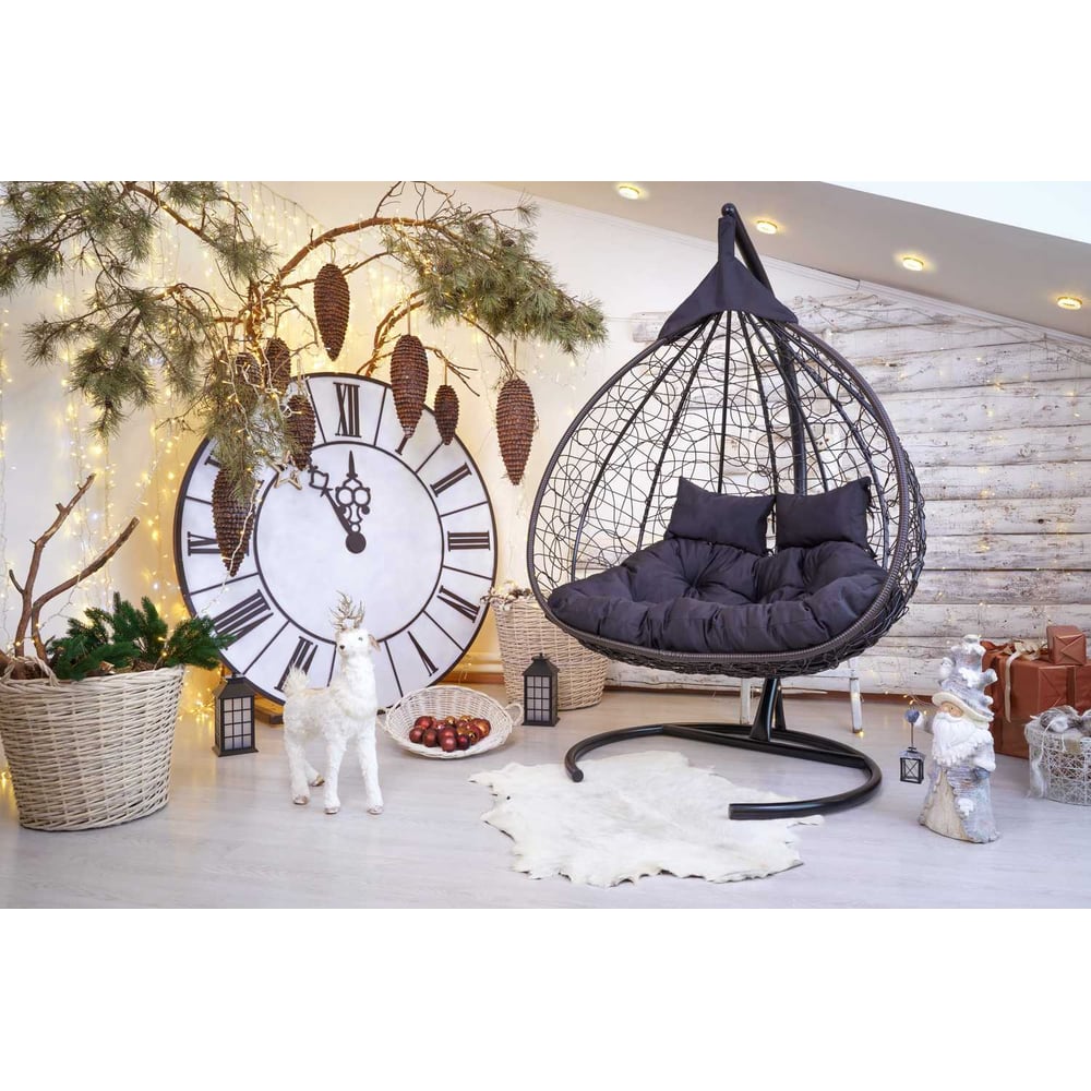 Изображение товара Подвесное двухместное кресло-кокон Лаура FISHT черное с каркасом и подушкой