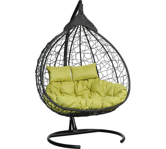 Изображение товара Подвесное двухместное кресло-кокон Лаура FISHT черное + черный каркас, подушка салатовая рогожка №7 FIS 103