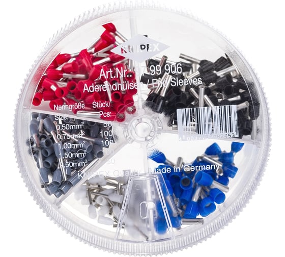 Изображение товара Набор изолированных контактных гильз KNIPEX 0.50 мм-50 шт, 0.75 мм-100 шт, 1.00 мм-100 шт KN-9799906