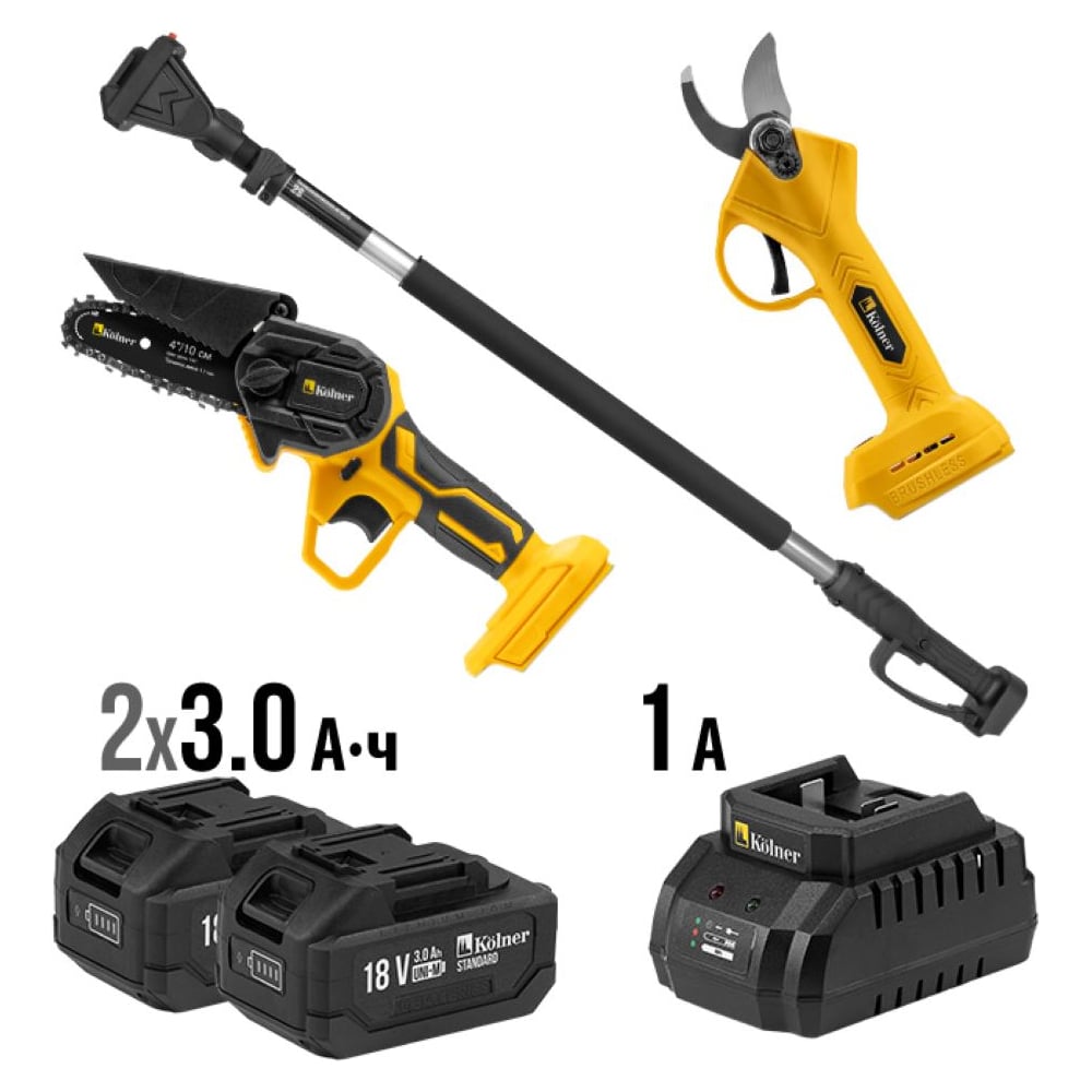 Изображение товара Аккумуляторный набор инструментов Kolner: секатор и пила с штангой 210 см, 18В
