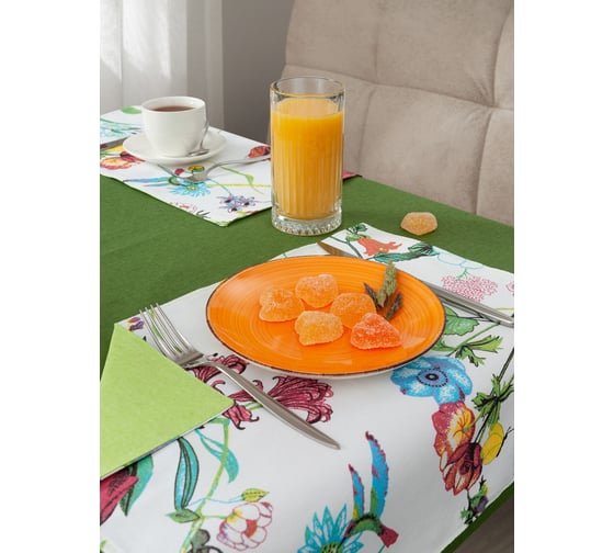 Изображение товара Набор кухонный Guten Morgen рогожка, Зеленый, скатерть + подставки, цветы 110x140 см , 35x45 см 4 шт С6П-ЗелЦвт-110-35