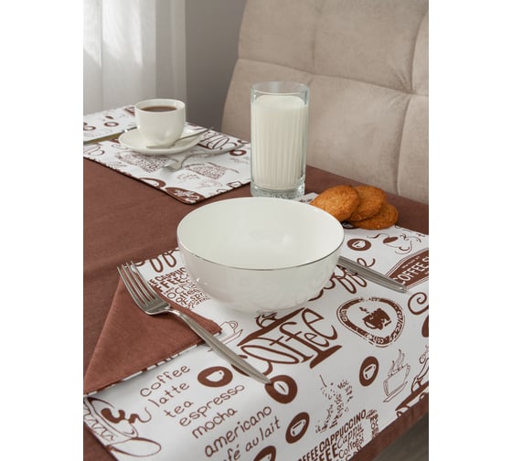 Изображение товара Набор кухонный Guten Morgen рогожка, Коричневый, скатерть + подставки, Кофе 110x140 см , 35x45 см 4 шт С6П-КорКоф-110-35