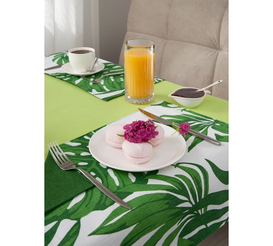 Изображение товара Набор кухонный Guten Morgen рогожка, Салатовый, скатерть + подставки, Листья 110x140 см , 35x45 см 4 шт С6П-СалЛст-110-35