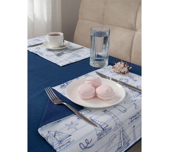 Изображение товара Набор кухонный Guten Morgen рогожка, Синий, скатерть + подставки, Морской бриз 110x140 см , 35x45 см 4 шт С6П-СинМБ-110-35