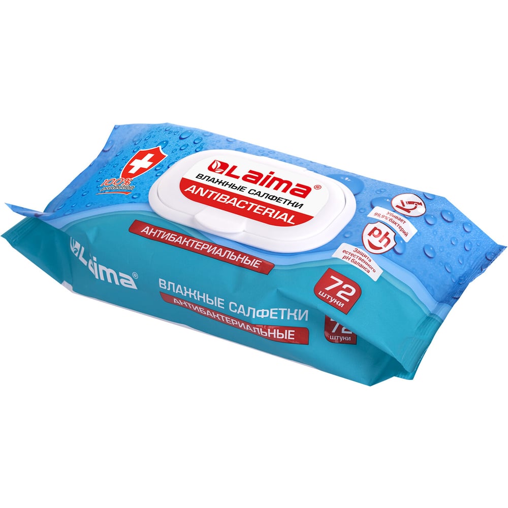Изображение товара Антибактериальные влажные салфетки ЛАЙМА Antibacterial 72 шт, клапан крышка 129997