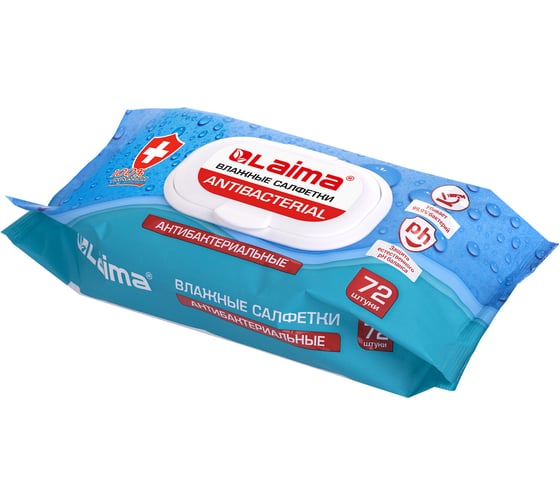 Изображение товара Антибактериальные влажные салфетки ЛАЙМА Antibacterial 72 шт, клапан крышка 129997