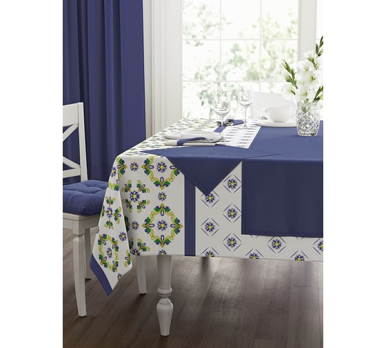 Изображение товара Кухонный набор Guten Morgen рогожка, Орнамент, скатерть+салфетки, Синий , 140x150 см, 40x40 см, 4 шт. НКОрнСин-140-150-40-40-4