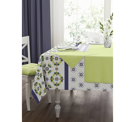 Изображение товара Кухонный набор Guten Morgen рогожка, Орнамент, скатерть+салфетки, Салатовый , 140x150 см, 40x40 см, 4 шт. НКОрнСал-140-150-40-40-4