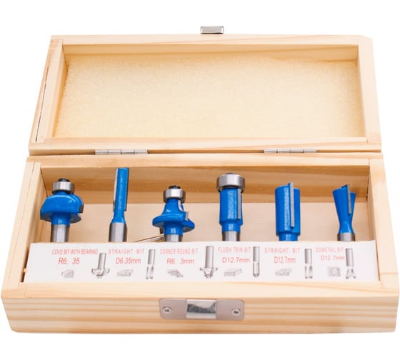 Изображение товара Набор фрез 6 шт, пазовые, обгонные, галтель, калевка, ласточкин хвост, S=8 мм 300.010 Deltatools 06-6623