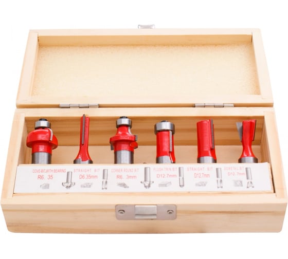 Изображение товара Набор фрез 6 шт, пазовые, обгонные, галтель, калевка, ласточкин хвост, S=12 мм 300.009 Deltatools 06-6622