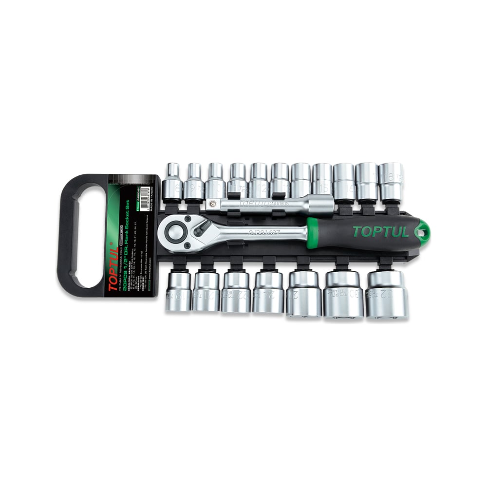 Изображение товара Набор торцевых головок TOPTUL 1/2DR, 6-гр., 8-32 мм с трещоткой и удлинителем 20 предметов GABB2001