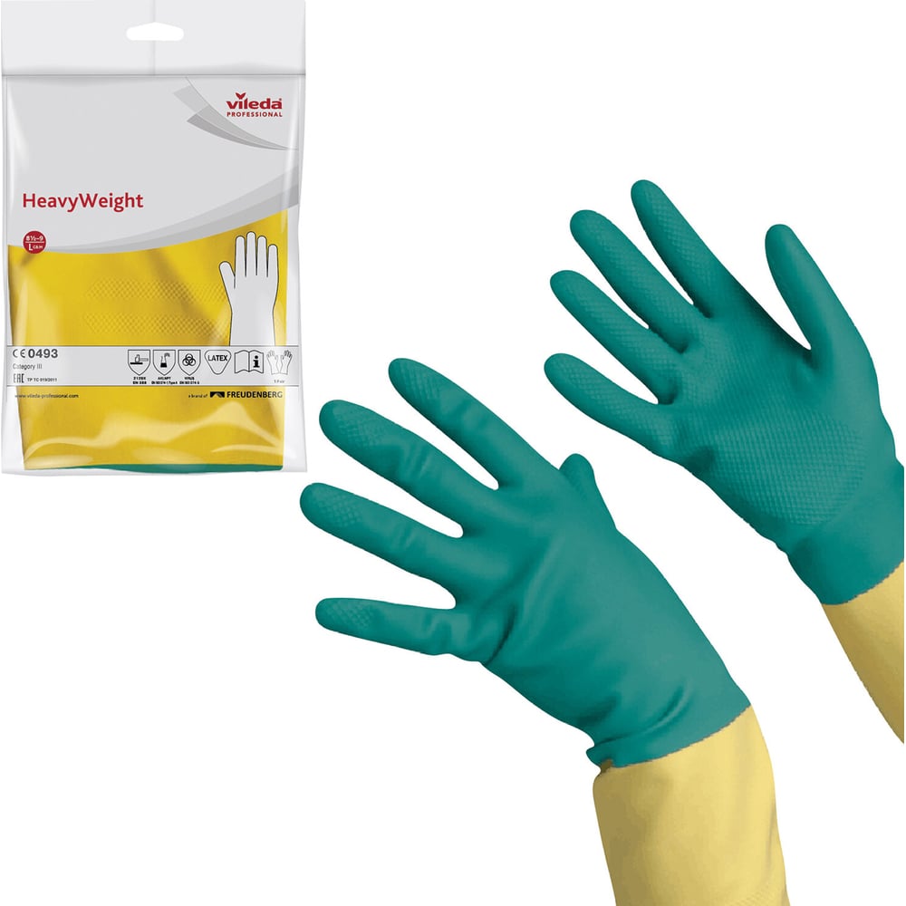 Изображение товара Перчатки латекс-неопреновые многоразовые х/б напыление сверхпрочные размер L (большой) зеленые/желтые Vileda 174307 602155