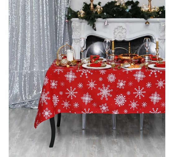 Изображение товара Скатерть Доляна Белые снежинки 250x149+/- 3 см, 100% хлопок, 164 г/кв.м 5135292