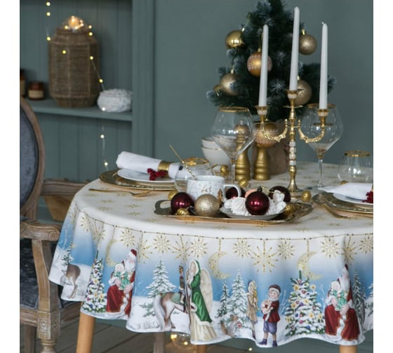 Изображение товара Скатерть Этель Christmas time диаметр 220 см +/-3 см с ГМВО, 100% хлопок, саржа 190 г/кв.м 4496669