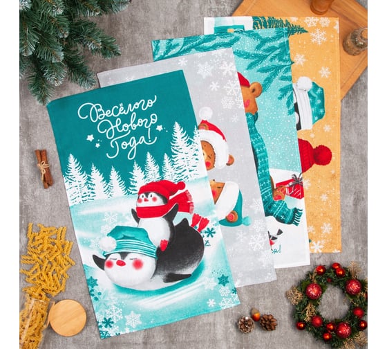 Изображение товара Набор кухонных полотенец Доляна Веселого Нового года 35x60 см - 4 шт, 100% хлопок 6990934