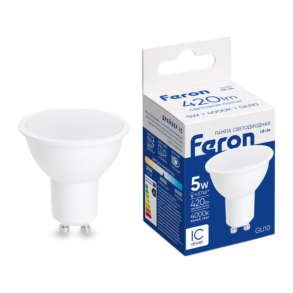 Изображение товара Лампа светодиодная FERON (5W) 230V GU10 4000K MR16, LB-24 51216
