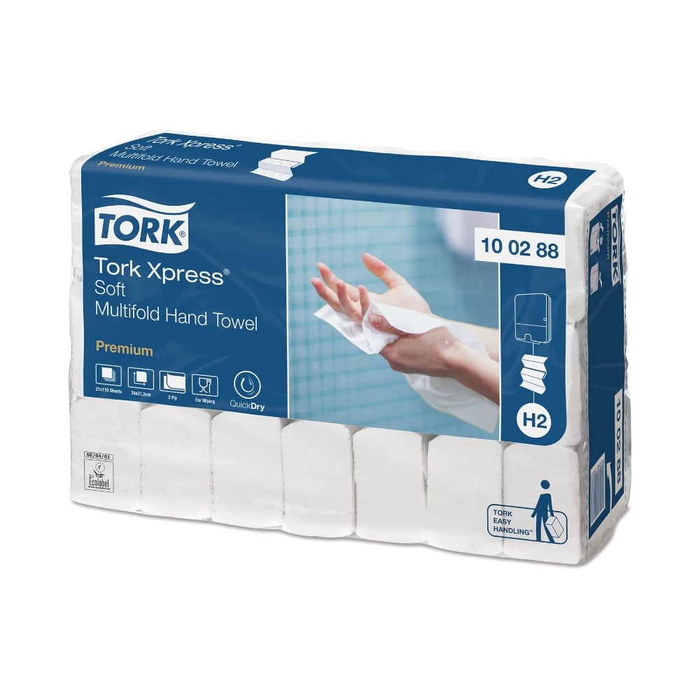 фото Полотенца бумажные tork 110 штук, система h2 premium, комплект 21 штука, 2-слойные, белые 124550