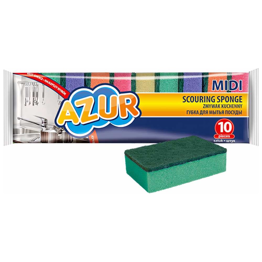 Изображение товара Губки AZUR 10 шт для посуды с тефлоновым покрытием мягкий поролон фибра
