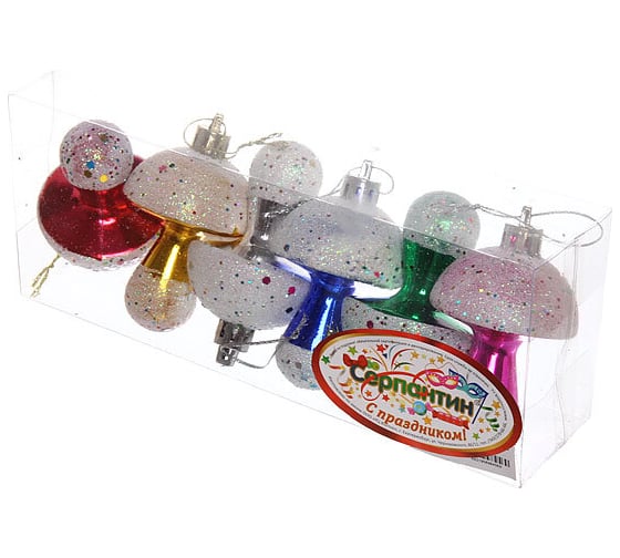 Изображение товара Елочные игрушки Серпантин Грибочки 4,5 см микс цветов набор 6 шт 654-034