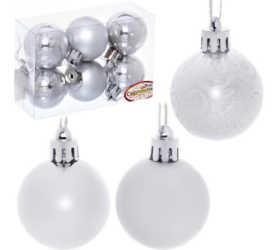 Изображение товара Новогодние шары Серпантин 4 см набор 6 шт микс фактур, серебро 183-844