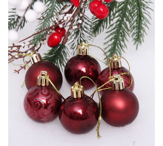Изображение товара Новогодние шары Серпантин 4 см набор 6 шт микс фактур, темный рубин 652-263