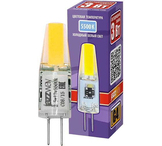 Изображение товара Светодиодная лампа Jazzway PLED-G4 COB 3Вт капсульная 5500К холодный белый G4 240лм 220В силикон d10х38мм 2857477