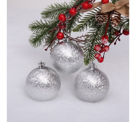 Изображение товара Новогодние шары Серпантин 7 см набор 3 шт мягкий блеск, серебро 201-1422