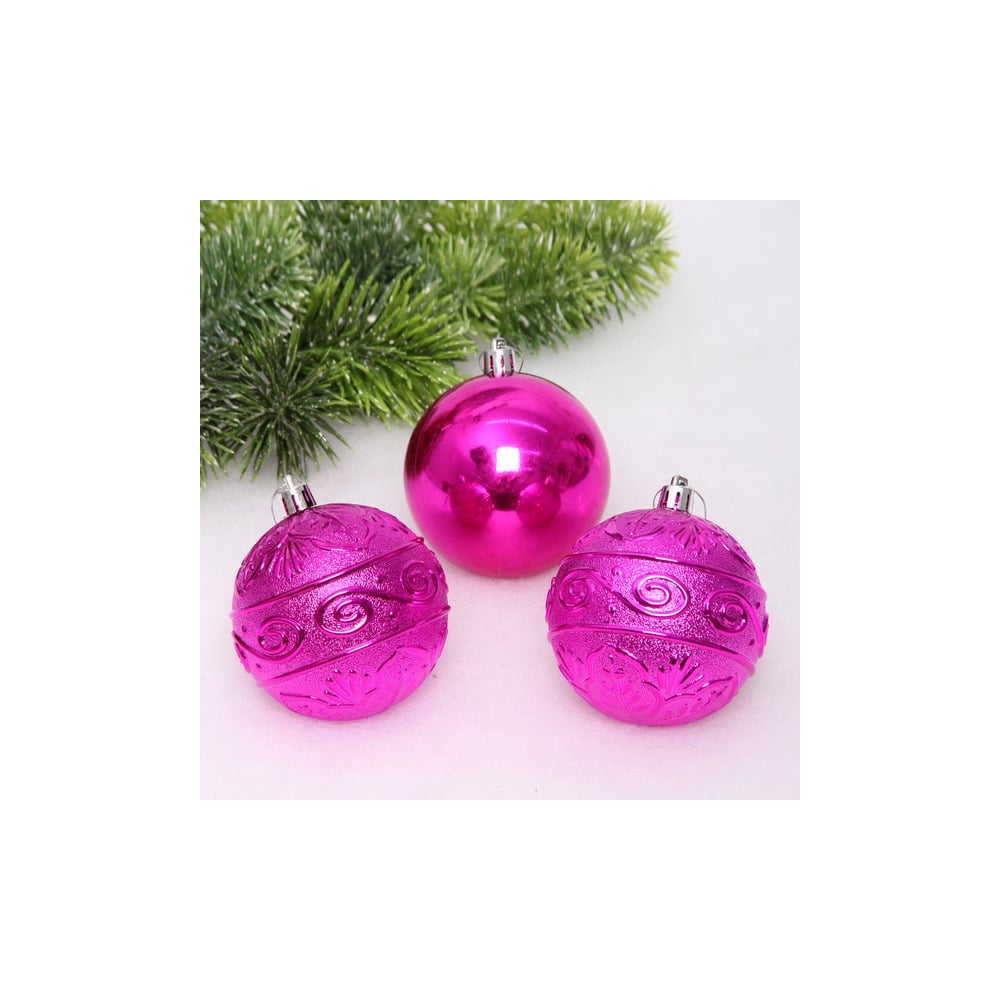 Изображение товара Новогодние шары Серпантин 8 см набор 3 шт микс фактур, фуксия 652-393
