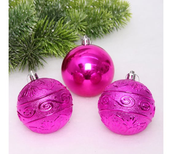 Изображение товара Новогодние шары Серпантин 8 см набор 3 шт микс фактур, фуксия 652-393