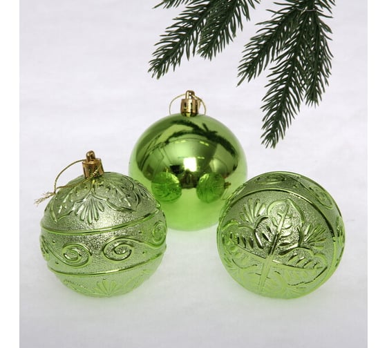 Изображение товара Новогодние шары Серпантин 8 см набор 3 шт микс фактур, салатовый 201-1293