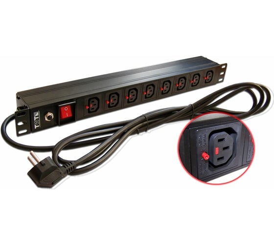 Изображение товара Блок розеток 19 8 шт. C13 с фиксатором вилки, 10A 250V, шнур питания 3,0 м TWT-PDU-10A8C3L-3.0